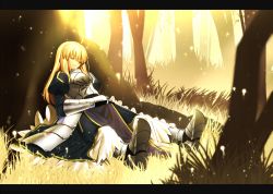 Rule 34 | 1girl, ahoge, armor, armored boots, armored dress, artoria pendragon (all), artoria pendragon (fate), blonde hair, blue dress, boots, chietori, closed eyes, day, dress, fate/stay night, fate (series), forest, letterboxed, long dress, long hair, lying, nature, on back, outdoors, saber (fate), smile, solo