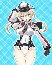 Rule 34 | 10s, 1girl, adjusting clothes, adjusting headwear, bad id, bad pixiv id, blonde hair, blue eyes, blush, breasts, capelet, cowboy shot, crotch seam, fang, gloves, gluteal fold, graf zeppelin (kancolle), hat, jacket, kantai collection, long hair, long sleeves, looking at viewer, no pants, open mouth, panties, peaked cap, pink panties, smile, solo, standing, tachibana hiroki, twintails, underwear