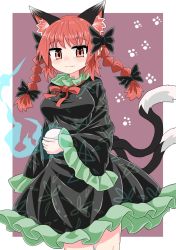 Rule 34 | 1girl, animal ears, black bow, black dress, black tail, border, bow, breasts, brown background, cat ears, cat tail, chups, closed mouth, dress, extra ears, footprints, frilled dress, frilled sleeves, frills, hair bow, highres, hitodama, holding, kaenbyou rin, long sleeves, looking at viewer, multiple tails, red eyes, red hair, red neckwear, simple background, solo, tail, touhou, twintails, two tails, white border