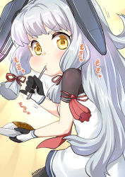 Rule 34 | 10s, 1girl, :t, absurdres, black pantyhose, bow, commentary request, curry, curry rice, eating, food, hair bow, hair ribbon, headgear, highres, holding, kantai collection, looking at viewer, murakumo (kancolle), murakumo kai ni (kancolle), pantyhose, ribbon, rice, ryuki (ryukisukune), school uniform, serafuku, signature, silver hair, solo, translation request, utensil in mouth, yellow eyes
