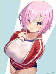 Rule 34 | 1girl, absurdres, alternate costume, blue buruma, blush, breasts, buruma, collarbone, fate/grand order, fate (series), from above, guriguri (arayotto4351), gym uniform, hair over one eye, hand on own chest, highres, jacket, large breasts, looking at viewer, mash kyrielight, pink hair, purple eyes, red jacket, shirt, short hair, simple background, smile, white shirt
