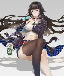 Rule 34 | 1girl, aqua-tinted eyewewar, aqua eyes, ass, asymmetrical legwear, balusah, beer can, belt, bikini, bikini top only, black bikini, black choker, black hair, black thighhighs, blue-tinted eyewear, blue eyes, blue jacket, blue nails, blue shorts, blunt bangs, can, chinese commentary, choker, closed mouth, collarbone, commentary request, crop top, drink can, earrings, feet out of frame, fingernails, floating clothes, floating hair, gradient background, grey background, halterneck, hand up, heineken, hime cut, holding, holding can, holding removed eyewear, jacket, jewelry, knees up, long hair, long sleeves, looking at viewer, mahjong soul, midriff, multicolored eyes, nadeshiko (mahjong soul), nail polish, off-shoulder shirt, off shoulder, open clothes, open jacket, partial commentary, patterned clothing, pendant choker, red belt, see-through, shadow, shirt, short shorts, shorts, side slit, side slit shorts, sitting, smile, solo, star (symbol), sunglasses, swimsuit, thighhighs, tinted eyewear, two-sided fabric, two-sided jacket, uneven legwear, unworn eyewear, very long hair, white background, wrist straps
