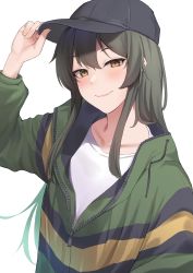 Rule 34 | 1girl, absurdres, baseball cap, black hat, blush, brown eyes, closed mouth, green hair, green jacket, hair between eyes, hat, highres, jacket, kantai collection, long hair, long sleeves, official alternate costume, open clothes, open jacket, shirt, simple background, smile, solo, takaman (gaffe), upper body, white background, white shirt, zuikaku (kancolle)
