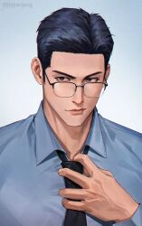 Rule 34 | 1boy, adjusting clothes, adjusting necktie, alternate hairstyle, blue background, blue eyes, blue hair, forehead, glasses, gradient background, highres, holding tie, jigpanjang, looking to the side, male focus, mitsui hisashi, necktie, scar, scar on chin, scar on face, short hair, slam dunk (series), smile, solo, twitter username, upper body