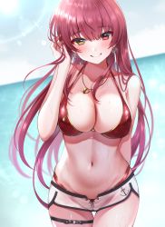 Rule 34 | 1girl, absurdres, bare shoulders, bikini, blush, breasts, bridal garter, cleavage, earrings, heart, heart earrings, heart necklace, heterochromia, highres, hololive, houshou marine, houshou marine (summer), jewelry, large breasts, long hair, looking at viewer, namagome negi, navel, necklace, o-ring, o-ring thigh strap, ocean, red bikini, red eyes, red hair, short shorts, shorts, smile, solo, sun, swimsuit, thigh strap, thighs, virtual youtuber, wet, white shorts, yellow eyes
