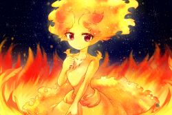 Rule 34 | 1girl, colored skin, dress, fiery hair, fire, hand up, looking at viewer, red eyes, smile, solo, st&amp;rs, star (sky), tanpopo hayabusa-maru, yellow skin