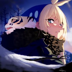 Rule 34 | 1girl, animal, animal in clothes, antenna hair, bare tree, black scarf, blonde hair, blue eyes, borrowed character, breath, cat, day, detached sleeves, dev (dev0614), fur-trimmed jacket, fur trim, hair over one eye, highres, hood, hood up, izumi luna (akitsu taira), jacket, kitten, long hair, looking at viewer, looking away, looking back, original, outdoors, parted lips, portrait, road sign, scarf, sign, signature, sky, snow, sunlight, toranyun (akitsu taira), tree, winter clothes