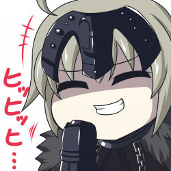 Rule 34 | 1girl, ahoge, armor, armored dress, blonde hair, chain, chibi, commentary request, eyebrows, closed eyes, fate/apocrypha, fate/grand order, fate (series), headpiece, headwear request, jeanne d&#039;arc (fate), jeanne d&#039;arc alter (avenger) (fate), jeanne d&#039;arc alter (fate), nishi koutarou, ruler (fate/grand order), simple background, smirk, solo, upper body, white background