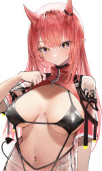 Rule 34 | 1girl, absurdres, bikini, black bikini, breasts, breasts apart, character request, closed mouth, commentary, copyright request, demon horns, demon tail, expressionless, highres, horns, jacket, large breasts, long hair, looking at viewer, navel, navel piercing, partially unzipped, piercing, pointy ears, red hair, see-through, see-through jacket, simple background, slingshot swimsuit, slit pupils, solo, swimsuit, symbol-only commentary, tail, upper body, white background, yellow pupils, yonchan