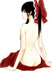 Rule 34 | 1girl, ass, back, bad id, bad pixiv id, black hair, bow, breasts, female focus, from behind, hair bow, hair tubes, hakurei reimu, looking back, nishiuri, ponytail, red eyes, sitting, skirt, small breasts, solo, topless, touhou