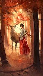 Rule 34 | 1girl, absurdres, animal, autumn leaves, black hair, breasts, day, deer, floating hair, grass, hakama, highres, horn ornament, horn ribbon, horns, japanese clothes, kimono, leaf, long hair, long sleeves, looking at viewer, looking to the side, low ponytail, maple leaf, miko, nature, original, outdoors, ponytail, red eyes, red footwear, red hair, red hakama, red ribbon, red theme, ribbon, rope, sandals, scenery, shimenawa, sidelocks, standing, tassel, toumin (onemunemu99), very long hair, wind, zouri