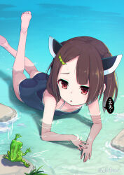 Rule 34 | 1girl, barefoot, blade, breasts, brown hair, collarbone, commentary request, feet up, food-themed hair ornament, foot out of frame, forehead, frog, hair ornament, hairclip, headgear, hibi tsuna, highres, looking at animal, lying, on stomach, partially submerged, pea pod, red eyes, rock, school swimsuit, shallow water, short hair, small breasts, solo, sweat, swept bangs, swimsuit, the pose, touhoku kiritan, translation request, twintails, twitter username, voiceroid, water
