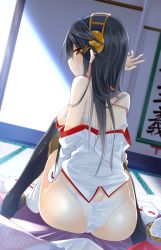 Rule 34 | 10s, 1girl, ass, bare shoulders, black hair, black thighhighs, blush, boots, breasts, brown eyes, budget sarashi, detached sleeves, dutch angle, futon, hairband, haruna (kancolle), highres, japanese clothes, kakao (chocolate land), kantai collection, long hair, looking back, panties, personification, sarashi, sitting, solo, tatami, thigh boots, thighhighs, underwear, white panties