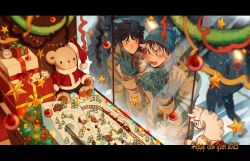 Rule 34 | 2023, 2boys, akaashi keiji, alternate costume, aqua gloves, black hair, bokuto koutarou, bombyoon, box, brown eyes, brown hair, christmas ornaments, christmas tree, garland (decoration), gift, gift box, gloves, grey hair, haikyuu!!, happy new year, highres, long sleeves, looking at another, male focus, multicolored hair, multiple boys, new year, open mouth, short hair, smile, star (symbol), stuffed animal, stuffed toy, teddy bear, two-tone hair
