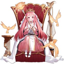 Rule 34 | 1girl, :d, ark order, artist request, belt, bird, black belt, black bow, blush, boots, bow, crown, detached collar, dress, footwear bow, forseti (ark order), full body, holding, holding staff, jewelry, long hair, looking at viewer, necklace, official art, open mouth, pink eyes, pink hair, pink skirt, see-through, see-through skirt, sitting, skirt, smile, solo, staff, throne, transparent background, veil, very long hair, white dress, white footwear, wrist cuffs