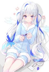 Rule 34 | 1girl, absurdres, alternate costume, amane kanata, blue eyes, blue hair, blue nails, blue shirt, blue shorts, cellphone, commentary, feet out of frame, grey hair, hair ornament, highres, holding, hololive, id card, long hair, long sleeves, looking down, mini wings, multicolored hair, nail polish, nishiki yuno, painting nails, pajamas, phone, shirt, shorts, single hair intake, sitting, smartphone, solo, streaked hair, twintails, virtual youtuber, wings, x hair ornament