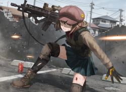 Rule 34 | 1girl, assault rifle, black gloves, black skirt, black thighhighs, blood, blue sky, boots, bow, bowtie, brand name imitation, brown eyes, brown hair, brown jacket, building, cabbie hat, can, clenched teeth, combat boots, commentary request, commission, day, gloves, gun, gun sling, hat, highres, holding, holding gun, holding weapon, house, howa type 89, jacket, knee pads, long sleeves, miniskirt, on one knee, original, outdoors, pixiv commission, pleated skirt, pouch, power lines, rebar, red bow, red bowtie, rifle, scope, short hair, skirt, sky, solo, teeth, thighhighs, tom-neko (zamudo akiyuki), trigger discipline, utility pole, weapon