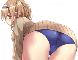 Rule 34 | 10s, 1girl, ass, bad id, bad pixiv id, bent over, brown eyes, cameltoe, hairband, i-26 (kancolle), kantai collection, light brown hair, long hair, looking back, new school swimsuit, school swimsuit, shiso azuki, solo, sweater, swimsuit, swimsuit under clothes, trefoil, two-tone hairband, two side up, white background