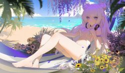 Rule 34 | 1girl, absurdres, arm scrunchie, azur lane, bare shoulders, barefoot, beach, bikini, blue eyes, blue sky, breasts, chinese commentary, closed mouth, commentary request, cross-shaped pupils, day, double bun, expressionless, feet, flower, hair bun, hammock, headphones, headphones around neck, highres, le malin (azur lane), le malin (mercredi at the secret base) (azur lane), leleyoukuailele, long hair, looking at viewer, lying, ocean, official alternate costume, palm tree, sand, sky, small breasts, solo, stomach, swimsuit, symbol-shaped pupils, thigh strap, thighs, toes, tree, very long hair, water, wavy hair, white bikini, white hair