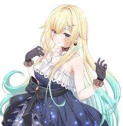 Rule 34 | 1girl, absurdres, aizawa ema, armpit crease, bare shoulders, black gloves, blonde hair, blue dress, blue eyes, blue hair, blush, bow, breasts, cat earrings, choker, closed mouth, criss-cross halter, dress, dress bow, earrings, fuusuke (fusuke208), gloves, gradient hair, hair ornament, halterneck, highres, jewelry, large breasts, long hair, looking at viewer, multicolored hair, sheer gloves, simple background, smile, solo, twitter username, very long hair, virtual youtuber, vspo!, white background