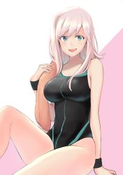 Rule 34 | 1girl, alternate hairstyle, black one-piece swimsuit, blue eyes, breasts, competition swimsuit, emirio (emirio110), fate/grand order, fate (series), hair down, highres, holding, holding towel, large breasts, long hair, looking at viewer, miyamoto musashi (fate), miyamoto musashi (fate/grand order), miyamoto musashi (swimsuit berserker) (fate), miyamoto musashi (swimsuit berserker) (first ascension) (fate), one-piece swimsuit, open mouth, pink hair, simple background, sitting, solo, swimsuit, towel, two-tone background