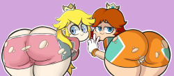 Rule 34 | 2girls, absurdres, ass, bent over, blonde hair, blue eyes, brown hair, butt crack, cameltoe, closed mouth, crown, from behind, gloves, highres, huge ass, looking at viewer, looking back, lotikmac, mario (series), mario strikers charged, multiple girls, nintendo, panties, princess daisy, princess peach, purple background, shorts, simple background, smile, striped clothes, striped panties, torn clothes, underwear, v, white gloves