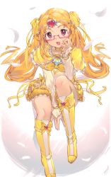 Rule 34 | 1girl, ascot, between legs, boots, brooch, bubble skirt, capelet, choker, cure muse (yellow), egg, feathers, frills, glasses, heart, heart brooch, highres, hitogata ningen, jewelry, long hair, long sleeves, looking at viewer, open mouth, orange hair, precure, ribbon, shirabe ako, shirt, sitting, skirt, solo, suite precure, tiara, yellow choker, yellow footwear, yellow ribbon, yellow shirt