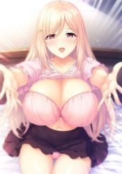 Rule 34 | 1girl, :o, bed, blonde hair, blush, bra, breasts, cleavage, clothes lift, feet out of frame, female focus, game cg, groin, happy, huge breasts, indoors, jewelry, legs, light blush, long hair, looking at viewer, narumi cristear note, navel, on bed, open mouth, original, outstretched arms, panties, pantyshot, pink bra, pink panties, red eyes, ring, shirt lift, sitting, skirt, smile, solo, thigh gap, thighs, underwear, wedding band, yamazaki hibiki, yokorenbo: hitozuma no himegoto