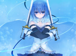 Rule 34 | 10s, 1girl, bad id, bad pixiv id, bare shoulders, belt, blue eyes, blue hair, blue theme, cape, crossed arms, detached sleeves, dual wielding, gloves, holding, magical girl, mahou shoujo madoka magica, mahou shoujo madoka magica (anime), matching hair/eyes, miki sayaka, ni (2shi), ribbon, short hair, solo, sword, tears, upper body, weapon, white gloves