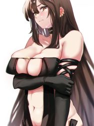 Rule 34 | 1girl, absurdres, breasts, brown hair, choker, cleavage, cropped, crying, crying with eyes open, dress, earpiece, fate/grand order, fate (series), highres, holding own arm, large breasts, long hair, navel, orange eyes, shibao aoyama, simple background, solo, tears, white background, yu mei-ren (fate)