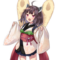 Rule 34 | 1girl, :d, ahoge, blue skirt, blush, brown hair, commentary request, cowboy shot, fang, hands up, headgear, highres, japanese clothes, kimono, long sleeves, nuqura, obi, open mouth, pleated skirt, red eyes, sash, short kimono, simple background, skirt, sleeves past wrists, smile, solo, touhoku kiritan, voiceroid, white background, white kimono, wide sleeves