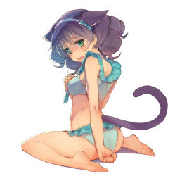 Rule 34 | 1girl, animal ears, ass, bare arms, bare legs, bare shoulders, barefoot, bikini, black hair, blue bikini, blush, breasts, cat ears, cat girl, cat tail, cyan (show by rock!!), drill hair, fang, frilled bikini, frills, full body, green eyes, hand up, highres, long hair, looking at viewer, looking back, medium breasts, nyama, open mouth, shadow, show by rock!!, sitting, soles, solo, swimsuit, tail, wariza, wavy mouth, white background