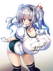 Rule 34 | alternate breast size, black buruma, black thighhighs, blush, breasts, buruma, collarbone, covered erect nipples, fang, gloves, gym uniform, hair ornament, hairband, hand on own chest, highres, huge breasts, kantai collection, kashima (kancolle), knees together feet apart, looking at viewer, name tag, no bra, open mouth, red buruma, shirt, short sleeves, sidelocks, silver hair, solo, sweatdrop, thighhighs, thighs, torisan, twintails, wavy hair, wavy mouth, wet, wet clothes, wet shirt, white background