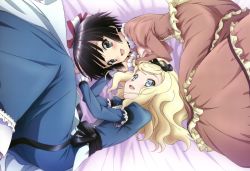 Rule 34 | 2girls, :d, absurdres, alice blanche, black eyes, black hair, blonde hair, blue eyes, dress, fang, highres, ikoku meiro no croisee, inoue hideki, lying, multiple girls, non-web source, nyantype, official art, on side, open mouth, scan, smile, yune (ikoku meiro no croisee)