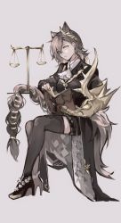 Rule 34 | 1girl, animal ears, arknights, ascot, balance scale, black coat, black footwear, black thighhighs, book, braid, coat, dou g (douglasiai413), full body, gauntlets, high heels, highres, holding, holding book, invisible chair, long hair, long sleeves, open book, parted lips, penance (arknights), reading, scales, single braid, single gauntlet, sitting, smile, solo, tail, thighhighs, very long hair, weighing scale, white ascot, wolf ears, wolf girl, wolf tail, yellow eyes, zettai ryouiki