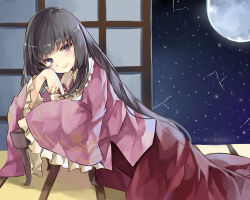 Rule 34 | 1girl, black eyes, black hair, blunt bangs, bow, bowtie, closed mouth, collared shirt, constellation, eyelashes, full moon, happy, highres, hime cut, houraisan kaguya, japanese clothes, kani nyan, long hair, long skirt, long sleeves, looking at viewer, moon, night, night sky, pink shirt, red skirt, shirt, sidelocks, skirt, sky, sleeves past fingers, sleeves past wrists, smile, solo, star (sky), starry sky, table, touhou, very long hair, wide sleeves, yellow bow, yellow bowtie