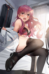 Rule 34 | 1girl, bare shoulders, bed, black footwear, black thighhighs, blush, bra, breasts, from side, highres, indoors, long hair, looking at viewer, louise francoise le blanc de la valliere, no pants, off shoulder, open mouth, pink bra, pink eyes, pink hair, shirt, shoes, sitting, small breasts, solo, thighhighs, thighs, tipii, underwear, white shirt, zero no tsukaima