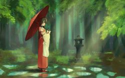 Rule 34 | 1girl, absurdres, after rain, ascot, blush, bow, brown eyes, brown hair, closed mouth, detached sleeves, forest, full body, gohei, hair bow, hair tubes, hakama, hakama skirt, hakurei reimu, highres, holding, holding umbrella, huge filesize, japanese clothes, light rays, long hair, long skirt, looking at viewer, meadow, nature, nontraditional miko, oil-paper umbrella, okobo, puddle, red bow, red eyes, red footwear, red skirt, sandals, scenery, shinogo yuu, sidelocks, skirt, solo, straight hair, sunbeam, sunlight, touhou, umbrella, wide sleeves, yellow ascot