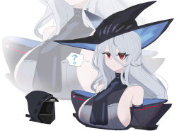 Rule 34 | 1girl, 1other, ?, absurdres, arknights, ascot, bare shoulders, black ascot, black headwear, breasts, commentary request, doctor (arknights), eyelashes, grey hair, highres, hood, large breasts, long hair, red eyes, sizhe, skadi (arknights), spoken question mark, upper body, very long hair, white background, zoom layer