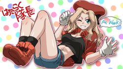 Rule 34 | 1girl, backwards hat, black legwear, black shirt, blonde hair, blue eyes, blue shorts, breasts, cabbie hat, cleavage, clenched hand, commentary request, cosplay, cross-laced footwear, emblem, english text, girls und panzer, gloves, grin, hair intakes, hat, hataraku saibou, highres, jacket, kay (girls und panzer), long hair, looking at viewer, lying, medium breasts, midriff, on back, open clothes, open jacket, parody, partial commentary, polka dot, polka dot background, r-ex, red background, red blood cell (hataraku saibou), red blood cell (hataraku saibou) (cosplay), red footwear, red headwear, red jacket, shirt, shoes, shorts, smile, socks, speech bubble, title parody, translated, uniform, waving, white gloves