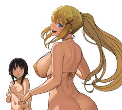 Rule 34 | 10s, 2girls, :&lt;, :d, ass, bikini, bikini top only, black hair, blonde hair, blue eyes, blush, bottomless, braid, breasts, butt crack, commentary, completely nude, darkness (konosuba), english commentary, from behind, hair ornament, halterneck, huge breasts, kono subarashii sekai ni shukufuku wo!, lasterk, looking at viewer, looking back, megumin, multiple girls, navel, nipples, nude, open mouth, out-of-frame censoring, ponytail, profile, red eyes, short hair with long locks, sideboob, sidelocks, simple background, small breasts, smile, standing, strap gap, sweatdrop, swimsuit, triangle mouth, unfinished, wavy mouth, white background, x hair ornament, yellow bikini