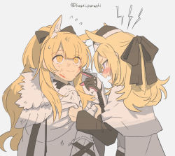 Rule 34 | 2girls, angry, animal ears, arknights, armor, aunt and niece, black bow, black gloves, black headwear, black sleeves, blemishine (arknights), blonde hair, blood, blood on face, blue eyes, blush, bow, extra ears, fang, finger to mouth, flying sweatdrops, gloves, grabbing, hair bow, hat, horse ears, husui parashi, long hair, looking at another, looking up, multiple girls, open mouth, ponytail, shirt, simple background, tearing up, twitter username, upper body, whislash (arknights), white background, white shirt, yellow eyes