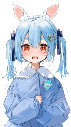 Rule 34 | 1girl, aged down, animal ear fluff, animal ears, blouse, blue hair, blue ribbon, blue shirt, blush, buttons, carrot hair ornament, child, crying, crying with eyes open, food-themed hair ornament, gotou (nekocat), hair ornament, hair ribbon, highres, hololive, kindergarten uniform, long sleeves, looking at viewer, medium hair, name tag, open mouth, oversized clothes, puffy long sleeves, puffy sleeves, rabbit-shaped pupils, rabbit ears, red eyes, ribbon, shirt, signature, simple background, sleeves past wrists, solo, symbol-shaped pupils, tears, thick eyebrows, twintails, usada pekora, virtual youtuber, white background