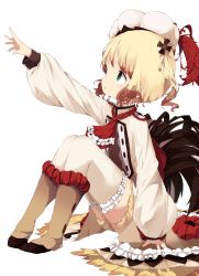Rule 34 | 1girl, arm support, arm up, blonde hair, boots, brown footwear, brown hair, commentary request, dress, feather trim, frilled dress, frilled necktie, frilled thighhighs, frills, full body, gradient hair, green eyes, hat, heart, highres, long sleeves, looking away, mabuta (byc0yqf4mabye5z), mahou shoujo ikusei keikaku, mahou shoujo ikusei keikaku restart, multicolored hair, necktie, open mouth, outstretched arm, pechika (mahoiku), puffy long sleeves, puffy sleeves, red necktie, rooster tail, short hair, simple background, sitting, sketch, solo, teeth, thighhighs, twintails, upper teeth only, white background, white dress, white hat, white thighhighs