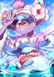 Rule 34 | 1girl, bare shoulders, bird, blue sky, breasts, cloud, colored skin, cyclops, flower, hair flower, hair ornament, highres, japanese clothes, kimono, large breasts, looking at viewer, monster girl, off shoulder, one-eyed, orange eyes, pipiko., pointy ears, purple skin, sky, solo, suirei fuumin diaochan, water, youkai (youkai watch), youkai sangokushi, youkai watch