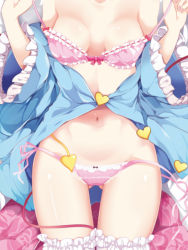 Rule 34 | 1girl, bare shoulders, bed sheet, blue shirt, bra, breasts, collarbone, commentary request, floral print, frilled bra, frilled legwear, frilled panties, frilled sleeves, frills, gluteal fold, hands up, head out of frame, komeiji satori, long sleeves, lying, maturiuta sorato, medium breasts, nail polish, navel, off shoulder, on back, panties, pink nails, pink panties, pink skirt, shadow, shiny skin, shirt, side-tie panties, skirt, solo, stomach, strap pull, thighs, touhou, underwear, wide sleeves