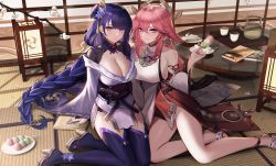 Rule 34 | 2girls, absurdres, anklet, bare legs, bare shoulders, blush, book, braid, breasts, bridal gauntlets, cake, cake slice, cleavage, closed mouth, commentary, cup, dango, detached sleeves, eternity (shadeh), food, fork, genshin impact, hair between eyes, high heels, highres, holding, holding food, indoors, japanese clothes, jewelry, kimono, large breasts, long hair, long sleeves, mole, mole under eye, multiple girls, nail polish, off shoulder, pink hair, plate, purple eyes, purple hair, purple kimono, purple legwear, purple nails, raiden shogun, red nails, sandals, sideboob, smile, teapot, thighhighs, very long hair, wagashi, wide sleeves, yae miko