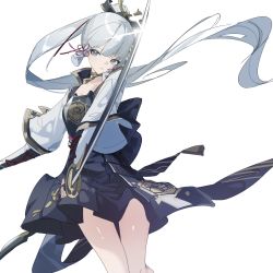 Rule 34 | 1girl, arm guards, armor, ayaka (genshin impact), black skirt, chinese knot, dou, feet out of frame, genshin impact, grey eyes, grey hair, hair ornament, highres, holding, holding sword, holding weapon, japanese armor, katana, kusazuri, long hair, looking at viewer, parted lips, ponytail, qtian, shirt, simple background, skirt, sleeves past elbows, solo, sword, tassel choker, weapon, white background, white shirt, wide sleeves