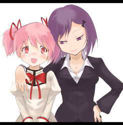 Rule 34 | 10s, 2girls, age difference, blush, bow, breasts, cleavage, hair bow, hair ribbon, hand on own hip, jyon, kaname junko, kaname madoka, letterboxed, mahou shoujo madoka magica, mahou shoujo madoka magica (anime), mature female, medium breasts, mother and daughter, multiple girls, onee-loli, pink eyes, pink hair, puffy sleeves, purple hair, ribbon, school uniform, short hair, short twintails, smile, twintails, yuri