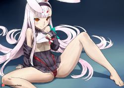 Rule 34 | 1girl, animal ears, azur lane, barefoot, bikini, bikini bottom only, black jacket, black skirt, blue background, breasts, brown eyes, clothes lift, feet, gradient background, hairband, haraya manawari, jacket, knee up, leaning back, legs, lifted by self, long hair, miniskirt, nipples, off shoulder, partially visible vulva, rabbit ears, red bikini, shimakaze (azur lane), shirt, shirt lift, simple background, sitting, skirt, skirt lift, small breasts, smile, solo, spread legs, swimsuit, swimsuit over clothes, toes, very long hair, white hair, white shirt